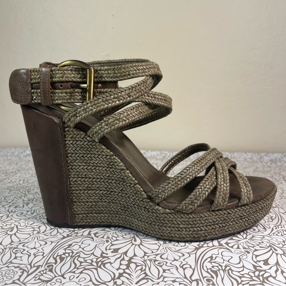 Stuart Weitzman Reins Braided Leather Crisscross Wedge Lanyard Sandal